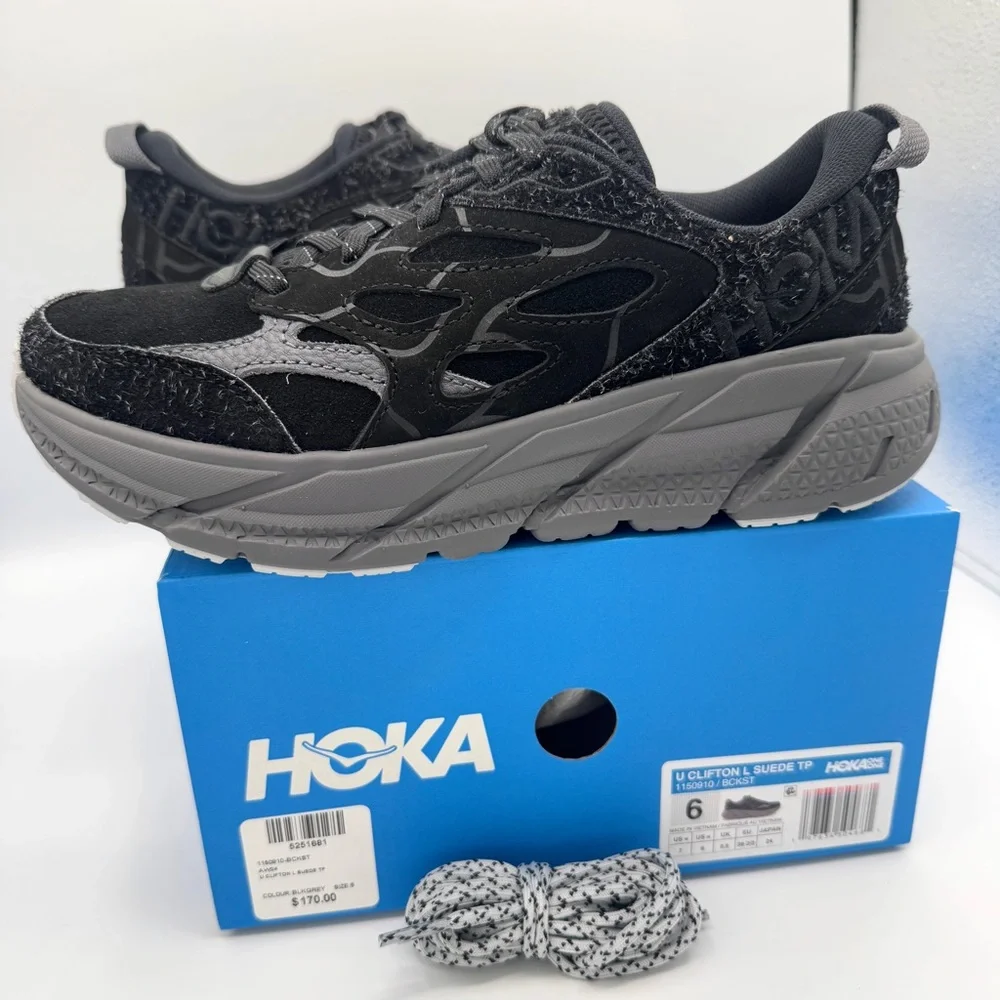NWT Hoka Clifton Elite Terrain System L Suede Leather All Black Unisex Sneakers - Picture 10 of 16